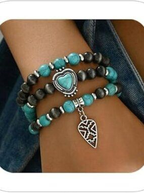 NEW Western Turquoise Beaded Bracelet Stack Cowgirl Stretch Set Boho Statement